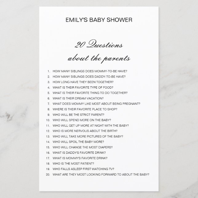 Editable 20 Questions about Parents Baby Shower (Front)