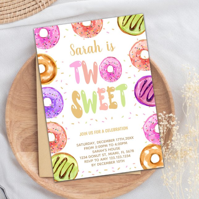 Editable 2nd Birthday Party Invite for Girls (Two Sweet Donut Birthday Invitations)