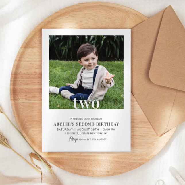 Editable 2nd Birthday Photo Minimal Boy Picture Invitation (2nd birthday invitation with photo template modern minimalist digital cute boy)