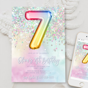 Editable 7th Birthday Invitation Template Rainbow