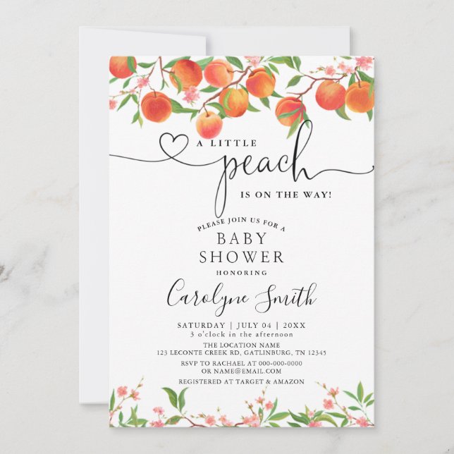 Editable A Little Peach Is On The Way Baby Shower Invitation (Front)