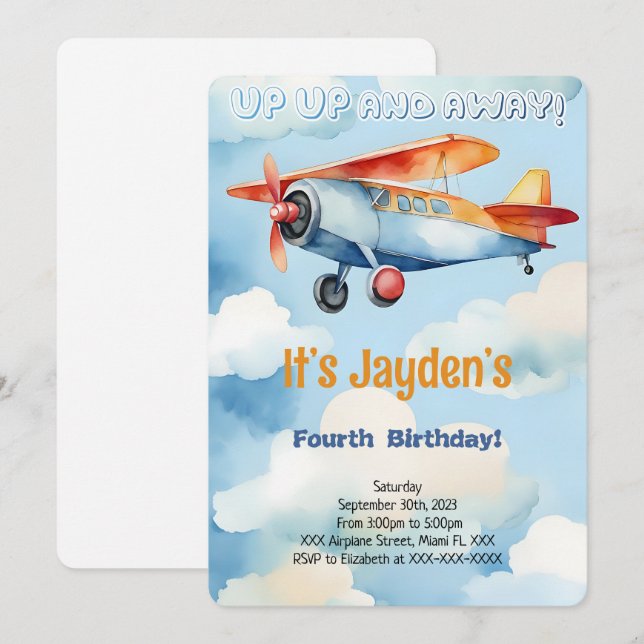 Editable Aeroplane Birthday Party Invitation (Front/Back)