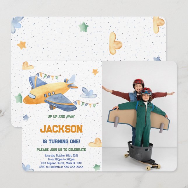 Editable Aeroplane Birthday Photo Invitation (Front/Back)