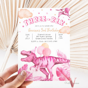 Editable "AGE" Dinosaurs Trex Wild Birthday Pink Invitation