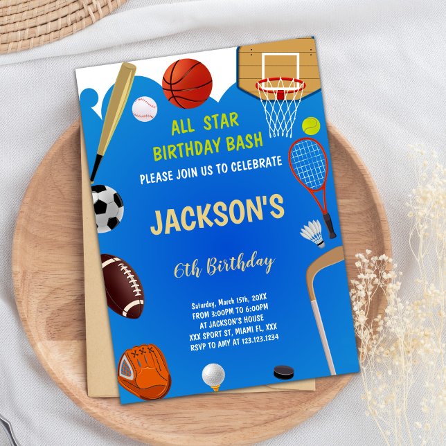 Editable All-Star Athletic Party Invite for Boys (Blue Background Sports Birthday Invitations)
