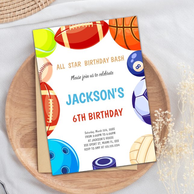 Editable All-Star Multi-Sport Party Invite (Sports Invitations)