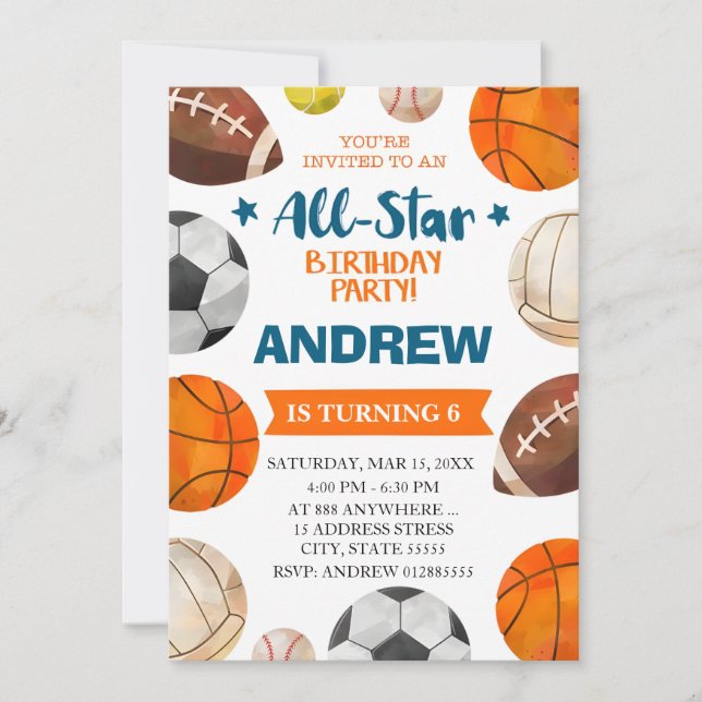 Editable All Star Sports Birthday Invitation (Front)