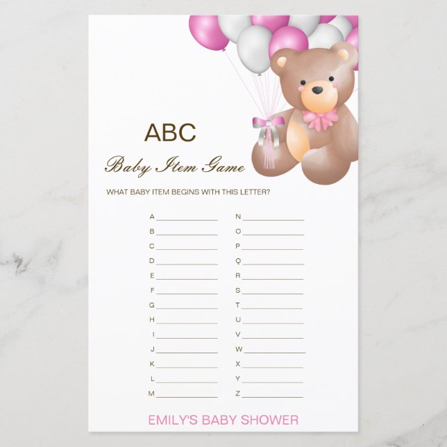 Editable Alphabet Baby Item Baby Shower Game (Front)