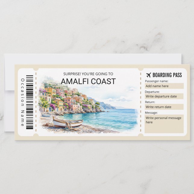 Editable Amalfi Coast Trip Boarding Pass Ticket Invitation (Front)