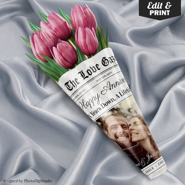 Editable Anniversary Newspaper Flower Bouquet Wrapping Paper Sheet (Editable Anniversary Newspaper Flower Bouquet Wrapping Paper Sheets)