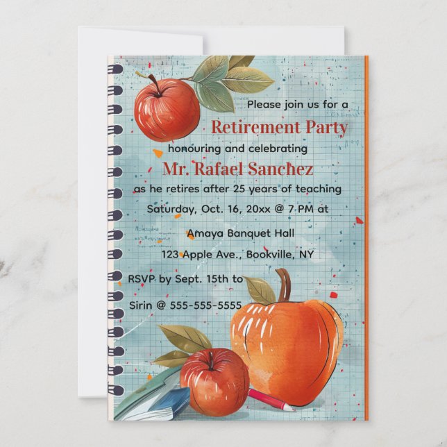 Editable Apple Graph Paper Teacher Retirement Invitation (Front)