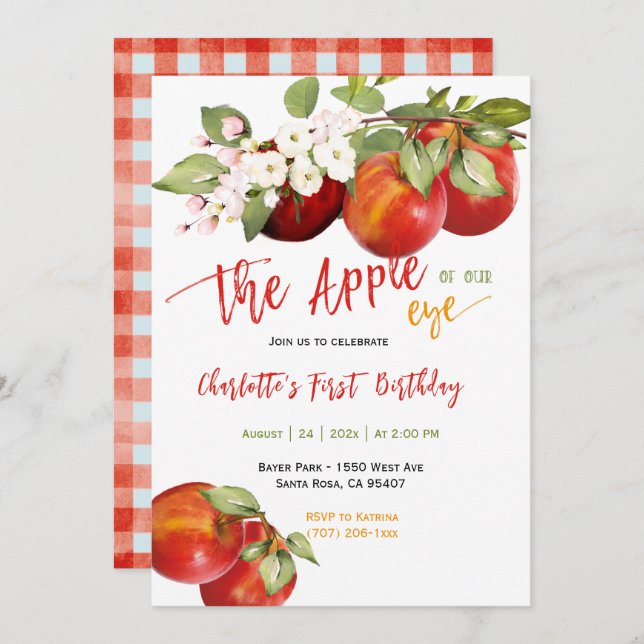 Editable Apple of our Eye Birthday Party  Invitation (Front/Back)
