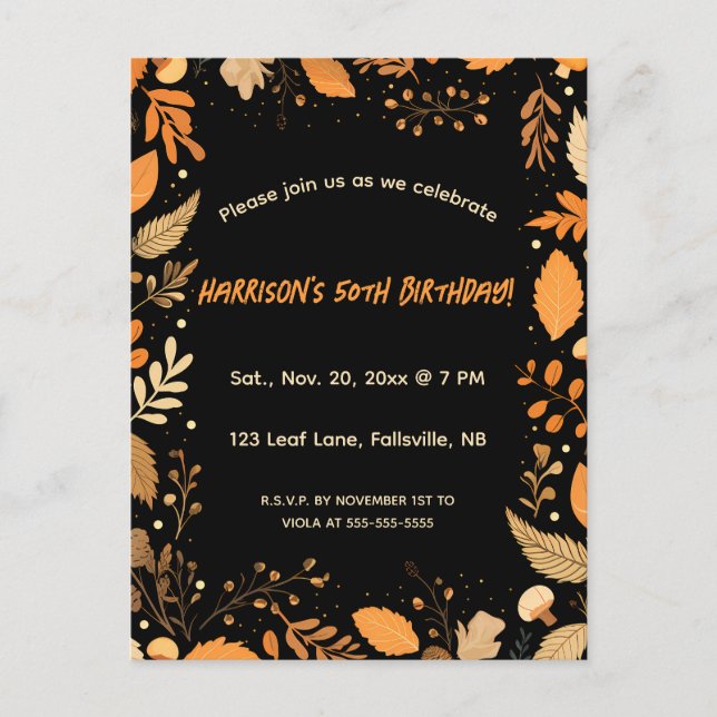 Editable Autumn Birthday Invitation Postcard (Front)