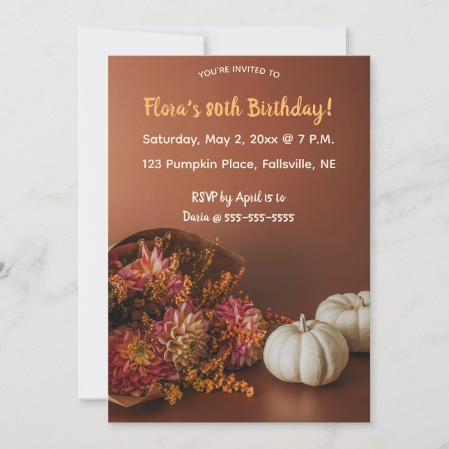 Editable Autumn Flowers and Pumpkins Birthday Invitation (Front)