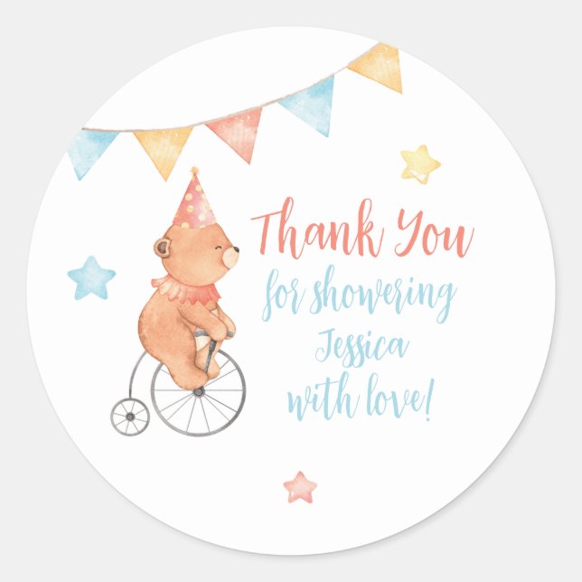Editable Baby Animal Circus ThankYou Favour Sticke Classic Round Sticker (Front)