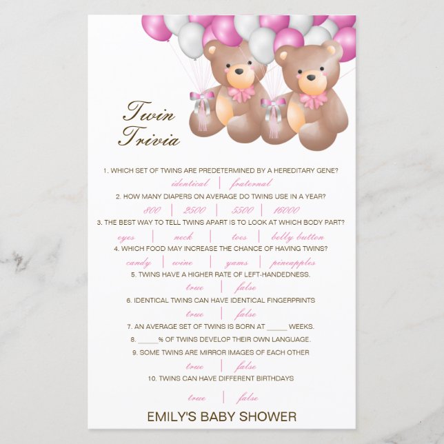 Editable Baby Twin Trivia Baby Shower with Answer (Front)