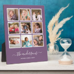 Editable Background Color Photo Collage Script Plaque<br><div class="desc">Photo Plaque with 9 square photos arranged in a grid layout each with a white border around them against an editable background color (click customize to change background color). You can also add your family name in a stylish calligraphy font and the year established. Perfect for wedding gifts, family keepsakes,...</div>