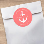 Editable Background Colour Anchor Wedding Thank Yo Classic Round Sticker<br><div class="desc">This nautical wedding thank you sticker features an anchor in white against an editable background colour; to change it from coral to the colour of your choice, click the customise button. Check out matching wedding items here https://www.zazzle.com/collections/editable_color_nautical_anchor_wedding_2-119876283767110974?rf=238364477188679314&tc=rc . Personalise it by replacing the placeholder text. For more options such as...</div>
