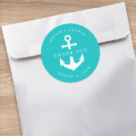 Editable Background Colour Anchor Wedding Thank Yo Classic Round Sticker<br><div class="desc">This nautical wedding thank you sticker features an anchor in white against an editable background colour; to change it from turquoise to the colour of your choice, click the customise button. Check out other matching wedding items https://www.zazzle.com/collections/editable_color_nautical_anchor_wedding_3-119105450401013879?rf=238364477188679314&tc=rc . Personalise it by replacing the placeholder text. For more options such as...</div>
