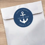 Editable Background Colour Anchor Wedding Thank Yo Classic Round Sticker<br><div class="desc">This nautical thank you wedding sticker features an anchor in white against an editable background colour; to change it from blue to the colour of your choice, click the customise button. Check out matching wedding items here https://www.zazzle.com/collections/editable_color_nautical_anchor_wedding-119983845388789301?rf=238364477188679314&tc=rc . Personalise it by replacing the placeholder text. For more options such as...</div>