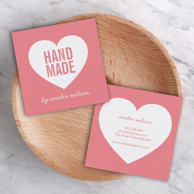 Editable Background Colour Modern Handmade Heart Square Business Card (Creator Uploaded)