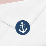 Editable Background Colour Monogram Anchor Wedding Classic Round Sticker<br><div class="desc">This nautical monogram wedding sticker features an anchor in white against an editable background colour; to change it from blue to the colour of your choice, click the customise button. Check out matching wedding items here https://www.zazzle.com/collections/editable_color_nautical_anchor_wedding-119983845388789301?rf=238364477188679314&tc=rc . Personalise it by replacing the placeholder text. For more options such as to...</div>