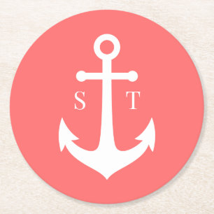 Editable Background Colour Monogram Anchor Wedding Round Paper Coaster