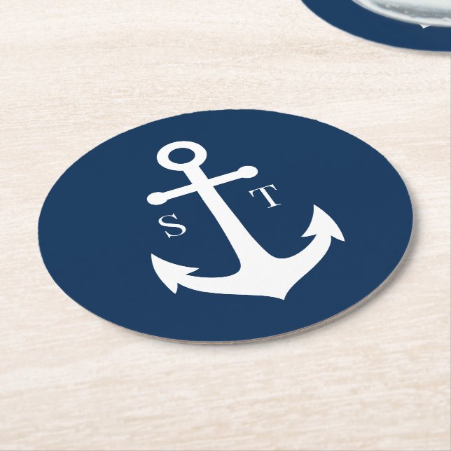 Editable Background Colour Monogram Anchor Wedding Round Paper Coaster (Angled)