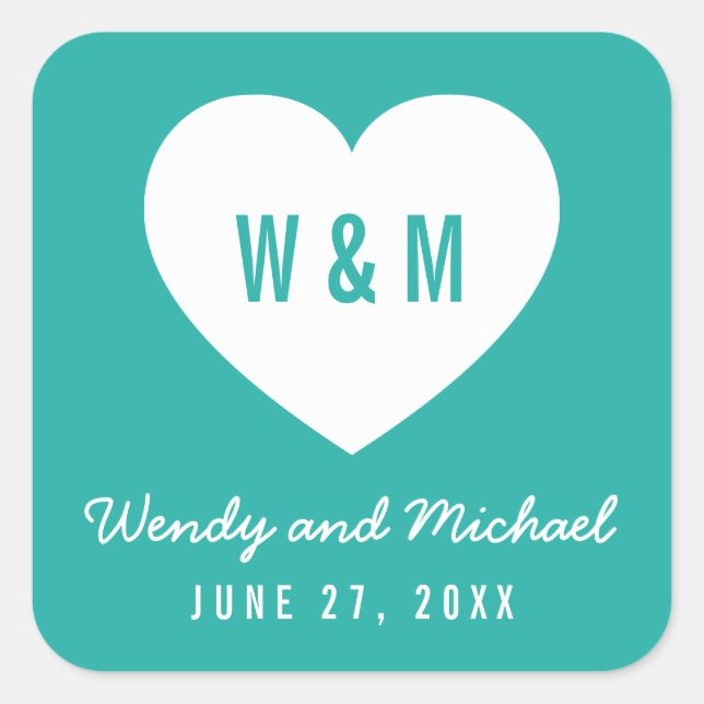 Editable Background Colour Monogram Heart Wedding Square Sticker (Front)