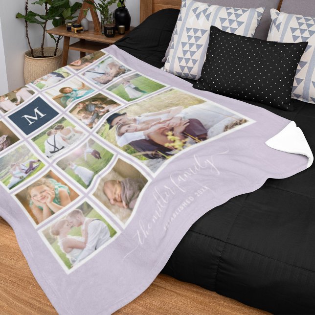 Editable Background Colour Monogram Photo Collage Fleece Blanket (Creator Uploaded)