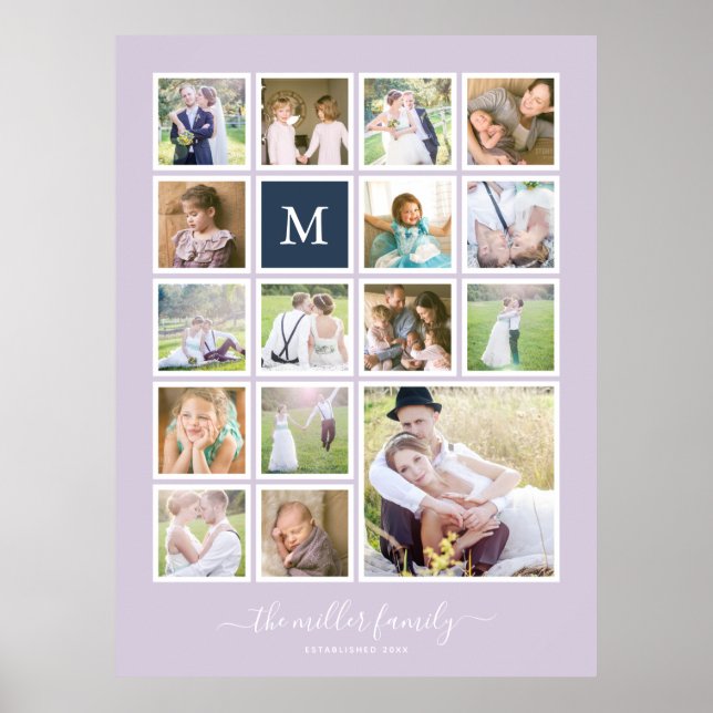 Editable Background Colour Monogram Photo Collage Poster (Front)