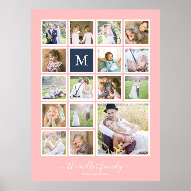 Editable Background Colour Monogram Photo Collage Poster (Front)