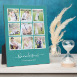 Editable Background Colour Photo Collage Script Plaque<br><div class="desc">Photo Plaque with 9 square photos arranged in a grid layout each with a white border around them against an editable background colour (click customise to change background colour). You can also add your family name in a stylish calligraphy font and the year established. Perfect for wedding gifts, family keepsakes,...</div>
