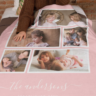 Editable Background Colour Six Photo Collage Scrip Fleece Blanket