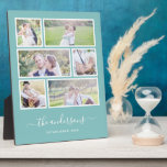 Editable Background Colour Six Photo Collage Scrip Plaque<br><div class="desc">Photo plaque with six photos arranged in a grid layout each with a white border around them and all against an editable background colour (click customise to change background colour). You can also add your family name in a stylish calligraphy font and the year established. Perfect for wedding gifts, family...</div>