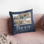 Editable Background Colour This is Us Photo Collag<br><div class="desc">Pillow featuring the words "this is us" in a white stylish script with 4 photos with a white border around them arranged side by side on the front and back side making it 8 photos in total that you can replace with you own photos against an editable background colour (click...</div>