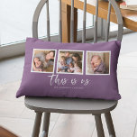 Editable Background Colour This is Us Photo Collag Lumbar Cushion<br><div class="desc">Pillow featuring the words "this is us" in a white stylish script with 3 square photos with a white border around them arranged side by side on the front and back side making it 6 photos in total that you can replace with you own photos against an editable background colour...</div>