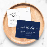 Editable Background Relax Script Save the Date Announcement Postcard<br><div class="desc">Stylish Save the Date postcard featuring the words "Save the Date" in a relax cursive script in white against an editable background colour (click customise to change the colour). Personalise it by replacing the placeholder text. For more options such as to change the font and it's size/colour or the spacing...</div>