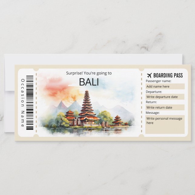 Editable Bali Plane ticket, Bali Trip Invitation (Front)