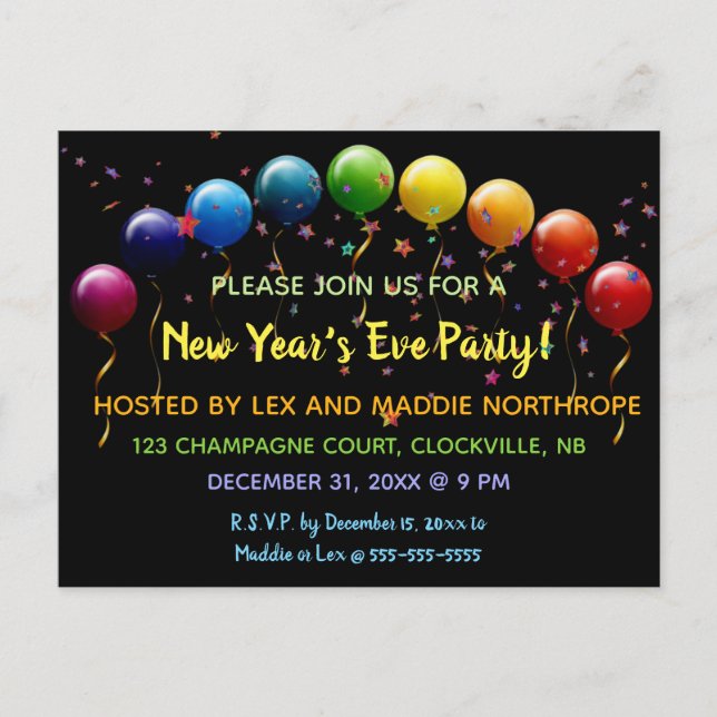 Editable Balloons Stars Confetti New Year's Eve  Invitation Postcard (Front)