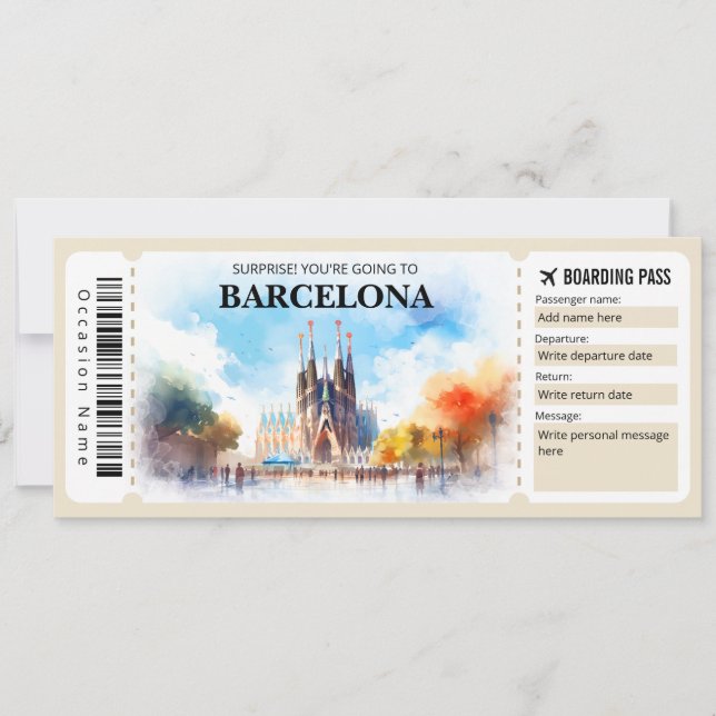 Editable Barcelona Spain Plane Boarding Pass Invitation (Front)