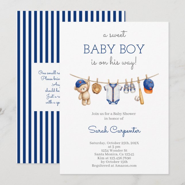 Editable Baseball Baby Shower Boy Invitation (Front/Back)