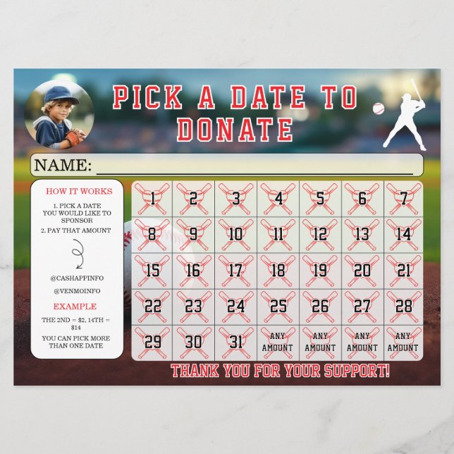 Editable Baseball Fundraiser Calendar  Invitation (Front)