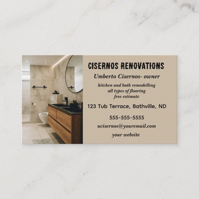 Editable Bathroom Renovations Business Card (Front)