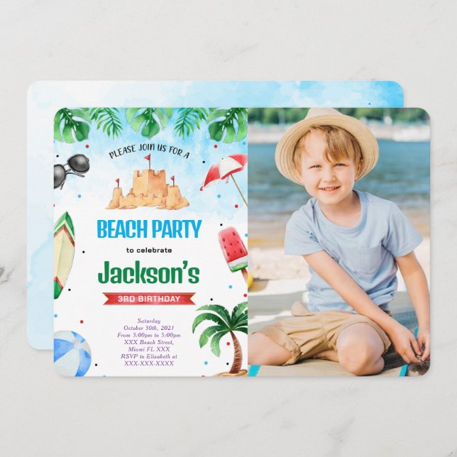 Editable Beach Birthday Photo Invitations (Front/Back)