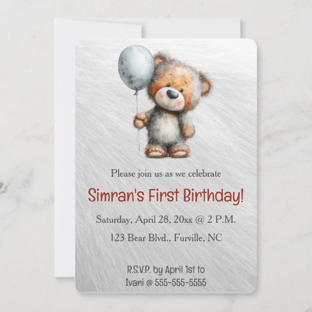 Editable Bear and a Balloon Birthday Invitation (Front)
