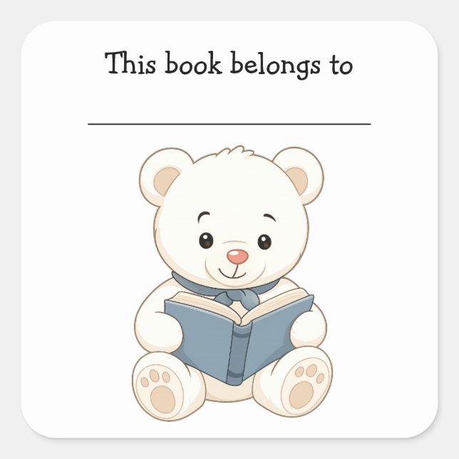 Editable Bear and Book Bookplate Sticker (Front)