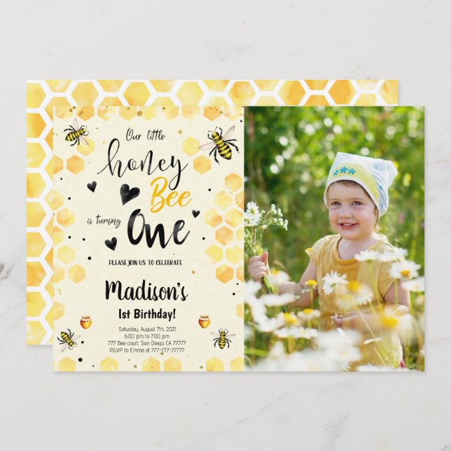Editable Bee Birthday Photo Invitation (Front/Back)