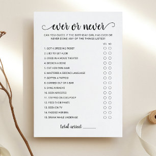 Editable Birthday Ever or Never Birthday Game Card