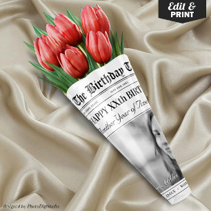 Editable Birthday Newspaper Flower Bouquet Wrapping Paper Sheet